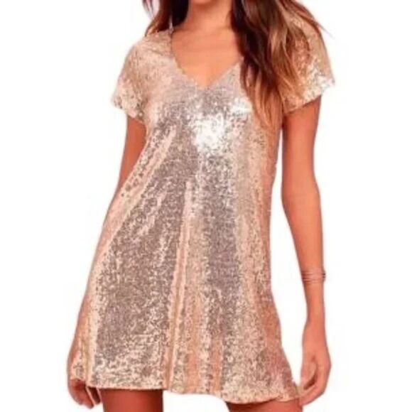 Lulus Rose Gold Sequin Mini Dress Size XS Shift Dress New. - Picture 1 of 7